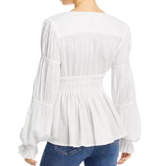 Faherty Colette Organic Cotton Blouse Button Up Smocked Ruffles White Sz L - Picture 2 of 16